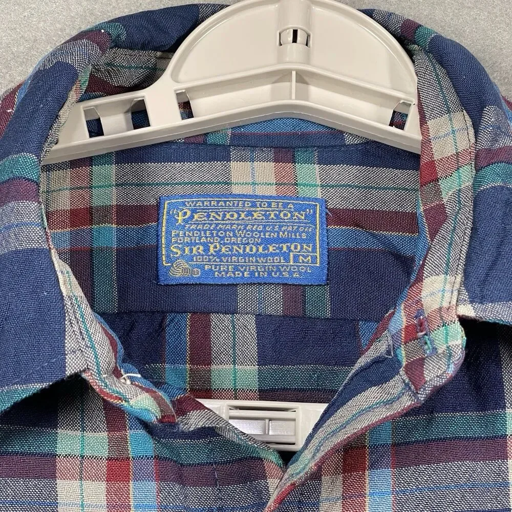 VTG Pendleton Flannel Shirt Men Medium Blue Wool Plaid Sir Pendleton Made in USA - Picture 2 of 6
